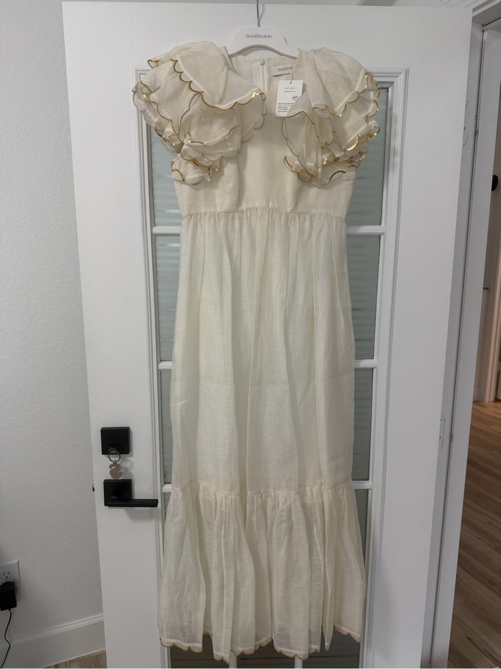Zimmermann Cream Ruffled Midi Dress with Gold Trim